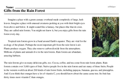 Print <i>Gifts from the Rain Forest</i> reading comprehension.