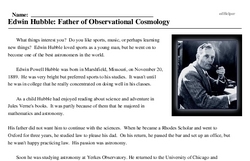Print <i>Edwin Hubble: Father of Observational Cosmology</i> reading comprehension.