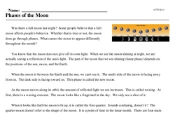 Phases of the Moon - Reading Comprehension Worksheet | edHelper