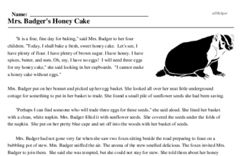Print <i>Mrs. Badger's Honey Cake</i> reading comprehension.
