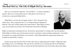 Print <i>The Real McCoy: The Life of Elijah McCoy, Inventor</i> reading comprehension.
