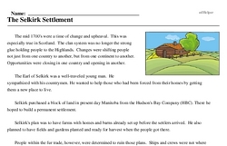 Print <i>The Selkirk Settlement</i> reading comprehension.