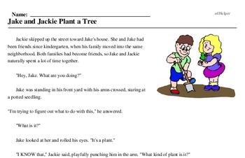 Print <i>Jake and Jackie Plant a Tree</i> reading comprehension.