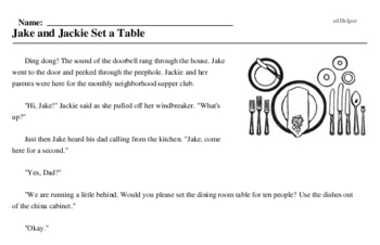 Print <i>Jake and Jackie Set a Table</i> reading comprehension.